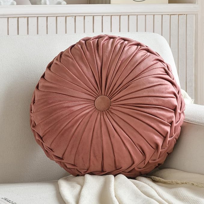 2 Pcs Round Throw Pillows Decorative Pumpkin Velvet Boho Pleated Bed Pillows Back Support for Couch Chair Dorm Car 14.96'' (Blush)