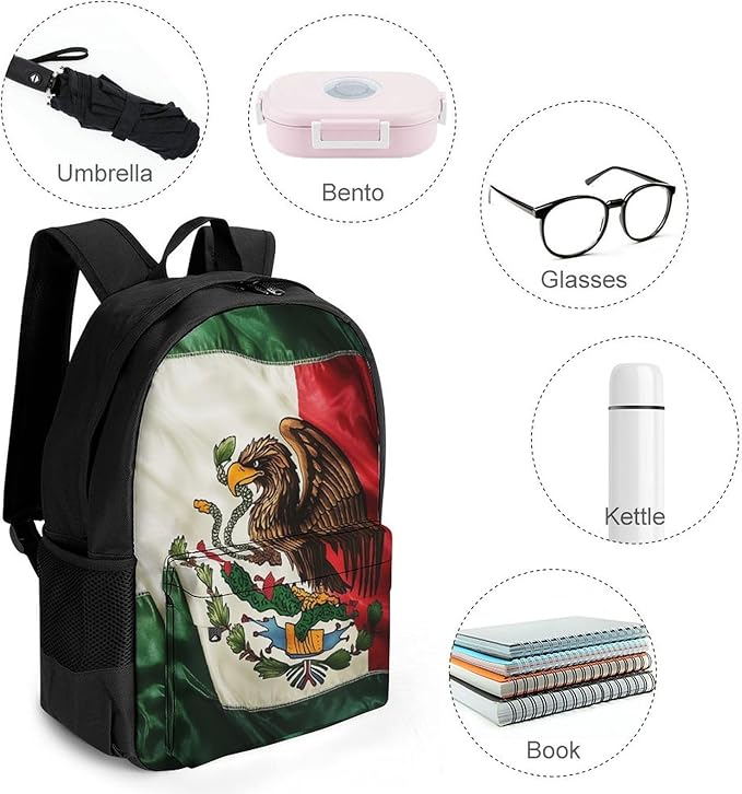 Rucksack Anti-Theft Multipurpose Big Capacity Carry On Bag, Retro Mexico Flag Traveling Camping Backpack With Side Pockets