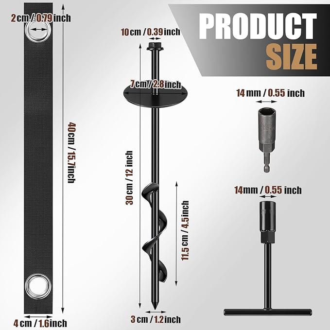 LEIFIDE 6 Set 12'' Trampoline Anchors Trampoline Stakes Ground Anchors Kit Hind Wind Beach Sand Stakes for Hiking Camping with Belt Straps (Black)