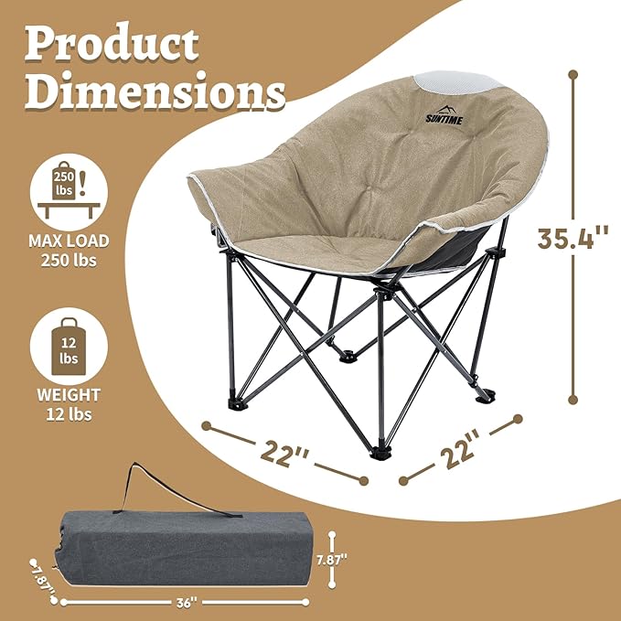 OUTDOOR LIVING SUNTIME Sofa Chair, Oversize Padded Moon Leisure Portable Stable Comfortable Folding Chair for Camping, Hiking, Carry Bag