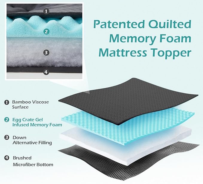 Hansleep Memory Foam Mattress Pad Topper Queen, Queen Foam Mattress Topper Viscose Derived from Bamboo, Queen Size Bed Mattress Pad Cover for Back Pain Relief, 60" x80", Charcoal Grey