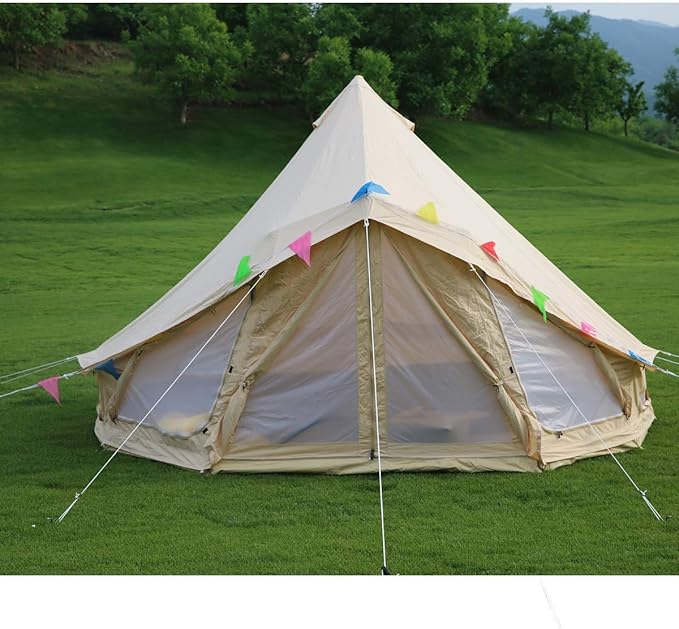 UNISTRENGH Luxury Outdoor Waterproof Four Season Family Camping and Winter Glamping Cotton Canvas Yurt Bell Tent with Roof Stove Jacket, Mosquito Screen Door and Windows
