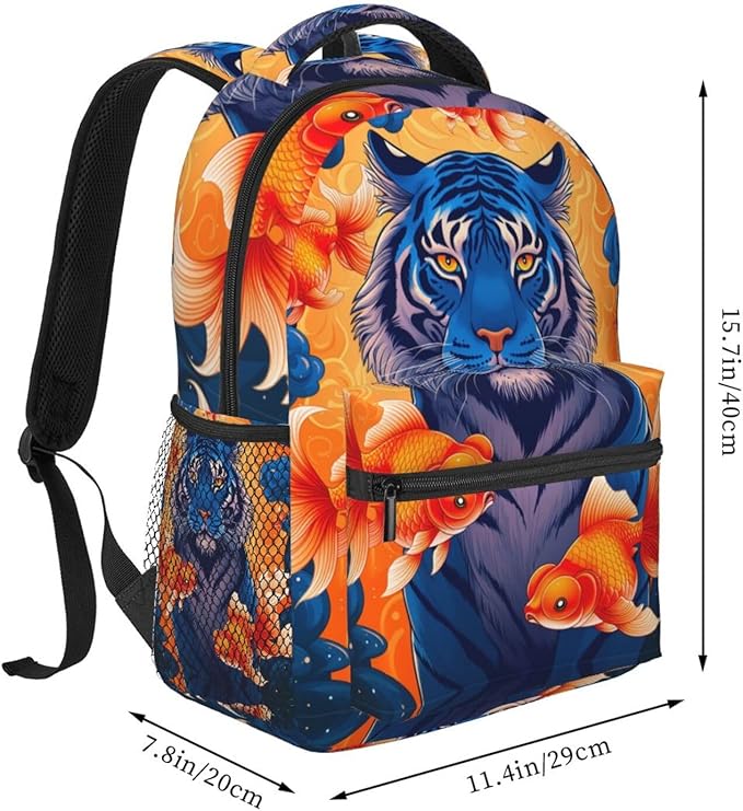 Shoulder Book Bags Anti-Theft Multipurpose Big Capacity Bookbag, Watercolor Tiger Gold Fish Art Travel Hiking Backpack With Smooth Zippers