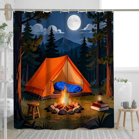 Tent Shower Curtain, Outdoor Adventure Campfire Moon Summer Orange Polyester Waterproof Clawfoot Tub Shower Curtains Decor for Toile Bathroom Dorm 72x72 Inch