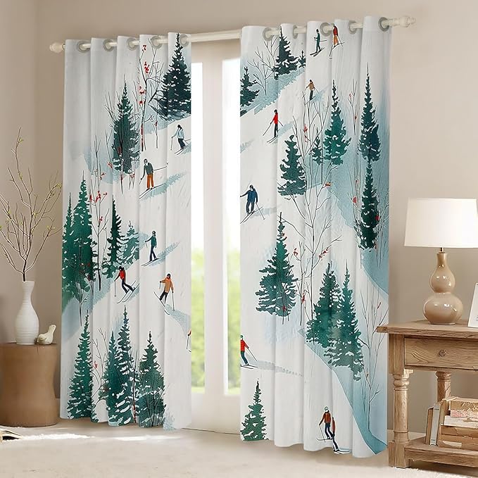Manfei Skiing Kids Blackout Curtains,Ski Winter Extreme Sports Game Window Drapes,Mountain Snowboarding Pine Tree Natural Boys Girls Room Decor,Green White 2 Panels,38Wx54L inch