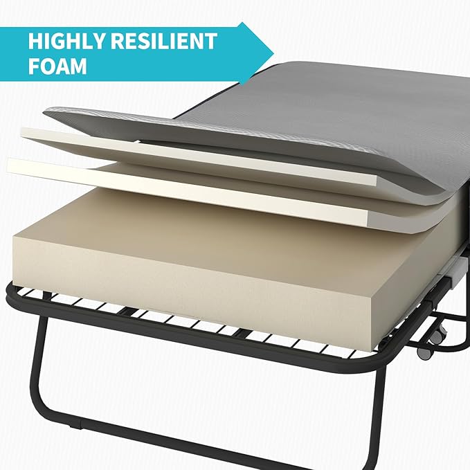 CECER Folding Bed with Mattress, 75" x 46" Rollaway Bed for Adults, 5 inch Thick Memory Foam Mattress，Twin Size Portable Foldable Bed with Headboard & Sturdy Metal Frame，Fold Up, Roll Away
