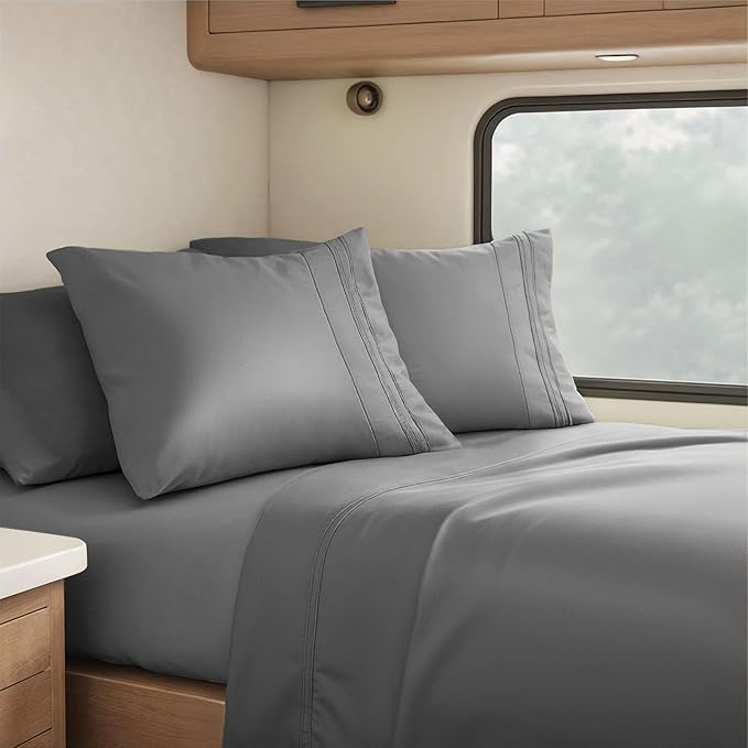 Hearth & Harbor Short Queen Sheets for RV, Dark Grey RV Queen Sheets, Silky Soft 1800 Microfiber Bed Sheet for Camper, 4 Piece RV Bedding with Pillowcases