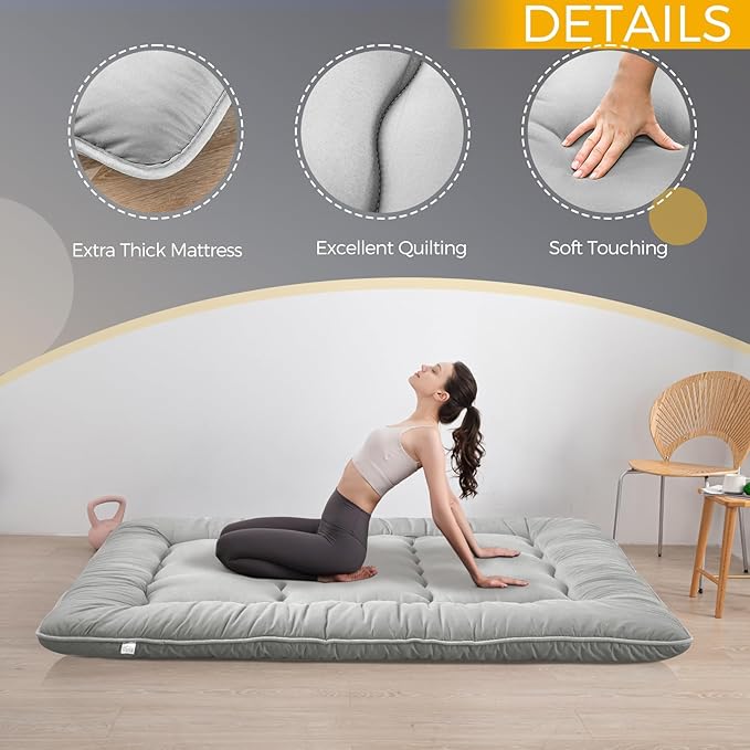 MAXYOYO 6" Extra Thick Japanese Floor Mattress Futon Mattress, Foldable Mattress Tatami Pad Floor Mattress for Adults Floor Bed Roll Up Mattress Guest Mattress, Grey, Queen
