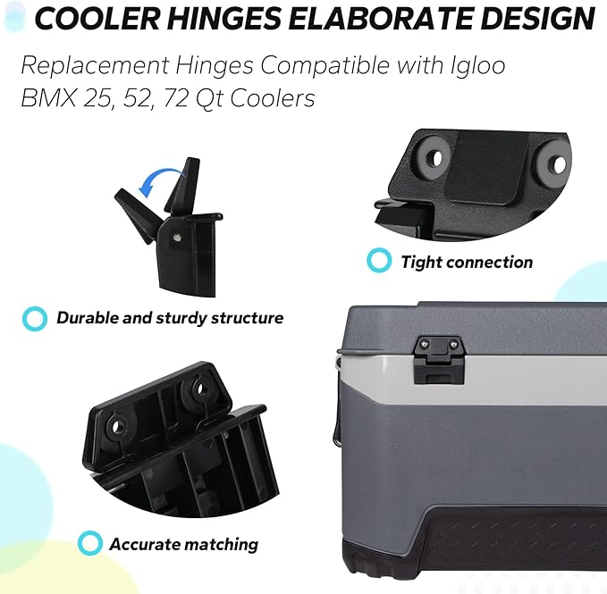 Cooler Hinges for Igloo 25, 52, 72 Qt BMX Coolers - Plastic Hinges Compatible with Igloo Style Ice Chests,Flexible Igloo Camping Cooler Accessories (Set of 2)