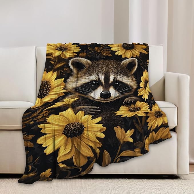 Raccoon Blanket Cute Raccoon Lover Floral Animal Throw Blankets Gifts for Girls Boys Kids Soft Cozy Fleece Plush for Couch Sofa Bed 80"x60"