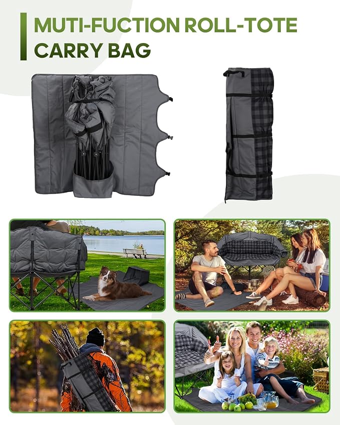 Double Camping Chair, Oversized Loveseat with 2 in 1 Carry Bag, Extra Padded Camp Chairs 2 Person Camping Couch Heavy Duty Sofa Folding Lawn Chair with Cup Holders for Couples Adults Patio Backyard