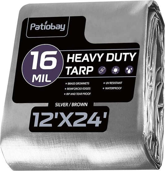 Tarp 12x24FT, 16 Mil Large Tarp, Tarps Heavy Duty Waterproof with Grommets Every 23.6", 420D Thick Plastic Tarp, UV Resistant Tear&Fade Resistant, Reinforced Edges for Outdoor Pool Camp Tent