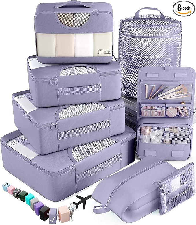 Veken 8 Set Packing Cubes for Travel Essentials, Suitcase Organizer Bags in 4 Sizes, Carry-On Luggage Accessories with Large Laundry & Hanging Toiletry Bag, Must-Have for Airplane, Road Trip & Camping