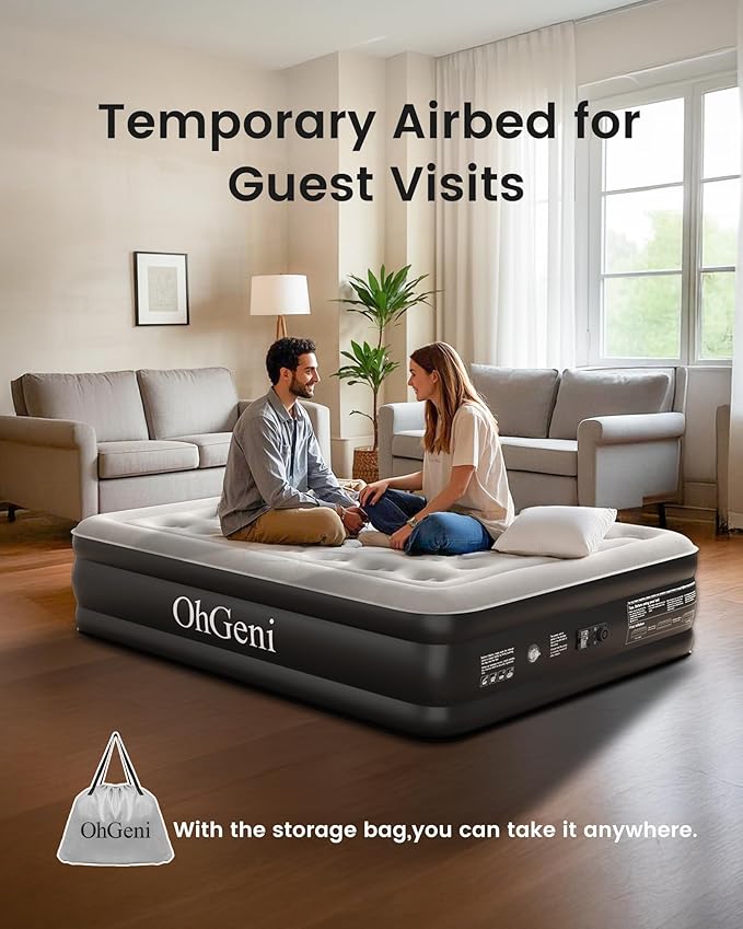 OhGeni Twin XL Air Mattress with Built in Pump for Guest, 18'' Colchon Inflables Blow Up Air Bed with Carrying Bag for Camping, Raised Elevated Double Airbed, Foldable & Portable Air Mattress, Black