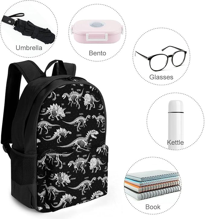 Daypack Backpack Multipurpose Anti-Theft Large Capacity Bookbag, Jurassic Cool Dinosaurs Skull Skeleton Black Travel Hiking Camping Rucksack With Adjustable Shoulder Straps