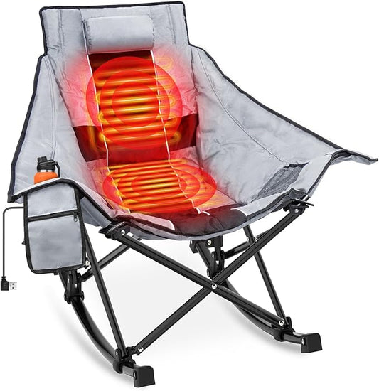 Suteck Heated Rocking Camping Chair, XL Oversized Rocking Chair Outdoor with 3 Heat Levels for Back and Seat, Heated Chairs Outdoor Sports for Patio Lawn Picnic Travel, Battery(Not Included)