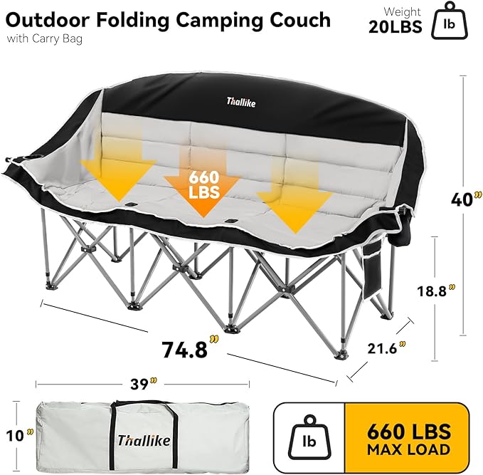 Double Camping Chair – 2-3 Person Outdoor Folding Sofa with Cup & Wine Glass Holders – Oversized Loveseat Camping Couch for Campfire, RV, Backyard – Supports Up to 660 lbs