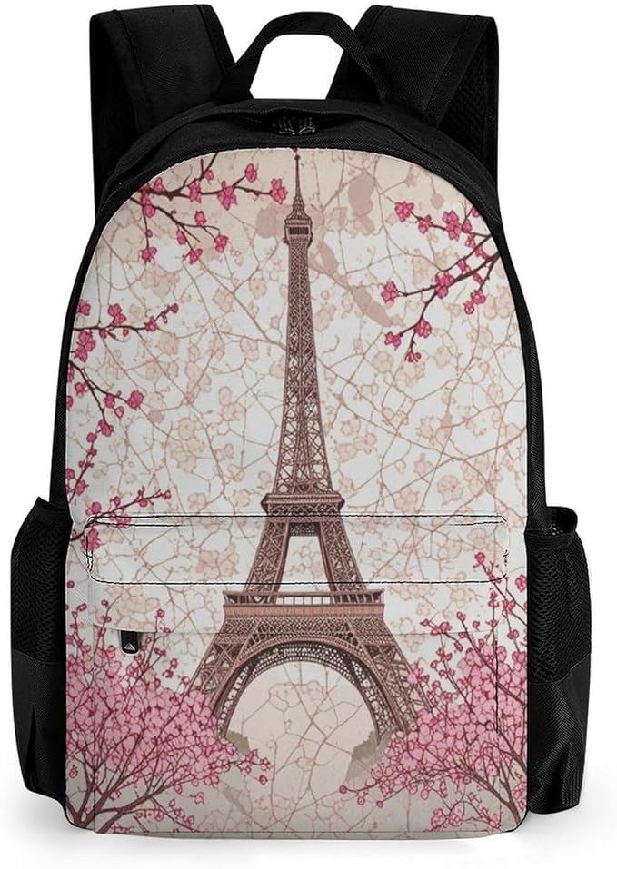 Supdreamc Daypack Anti-Theft Multipurpose Large Capacity Shoulder Bag, Paris Eiffel Tower With Pink Cherry Flower Blossom Travel Hiking Camping Rucksack With Smooth Zippers