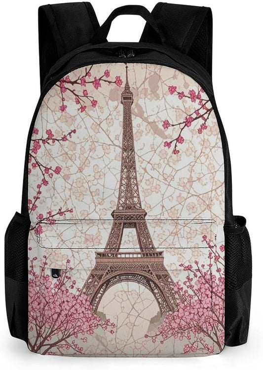 Supdreamc Daypack Anti-Theft Multipurpose Large Capacity Shoulder Bag, Paris Eiffel Tower With Pink Cherry Flower Blossom Travel Hiking Camping Rucksack With Smooth Zippers
