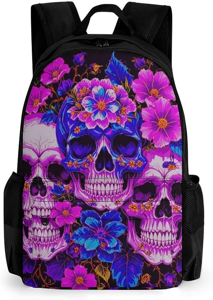 Daypack Backpack Anti-Theft Multipurpose Big Capacity Bookbag, Purple Psychedelic Mexican Sugar Skulls Day Of The Dead Floral Flowers Business Computer Bag With Side Pockets