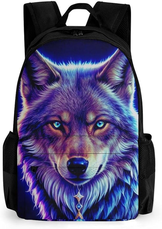 Rucksack Multipurpose Anti-Theft Big Capacity Shoulder Bag, Blue Universe Galaxy Magic Wolf In The Space Travel Hiking Camping Rucksack With Side Pockets