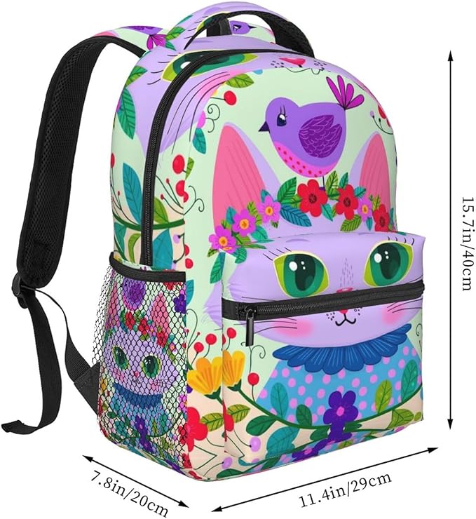 Lightweight Daypack Backpack for Trekking Work Running, Big Capacity Multipurpose Anti-Theft Bookbag, Cartoon Cats Birds Flowers Childlike And Dreamy Art Business Computer Bag
