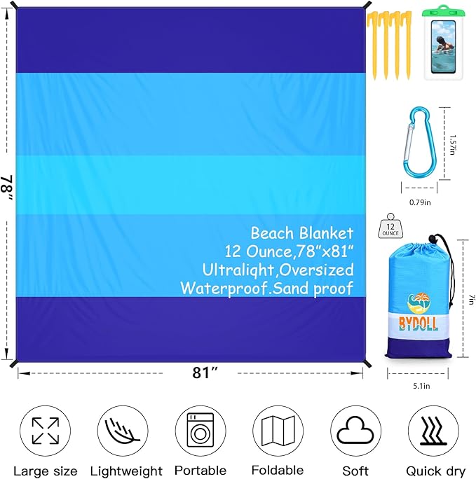 BYDOLL Beach Blanket Waterproof Sandproof Large 78''×81''/10'×9' Sand Free Oversized Sandless Picnic Mat Water Proof Packable Lightweight Blanket for Beach Camping Hiking Travel