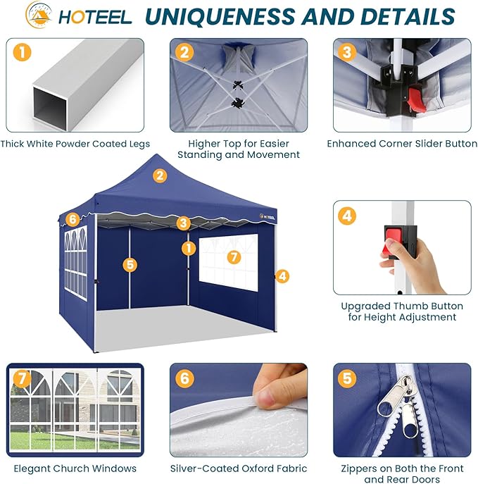 HOTEEL Canopy Tent 10x10 Pop Up Canopy with 4 Removable Sidewalls, Sandbags, Stakes & Ropes, UPF 50+ Easy Setup Canopy Tent Waterproof Outdoor Instant Portable Shelter for Party, Events, Vendor, Navy