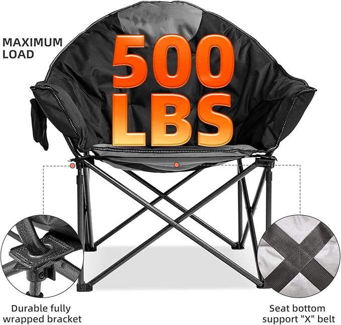Oversized Camping Chair with Cup Holder & Carry Bag - 500lbs Heavy Duty Moon Saucer Chair for Outdoor, Lawn, Sports, Patio - Padded Folding Sofa Chair, Black & Gray