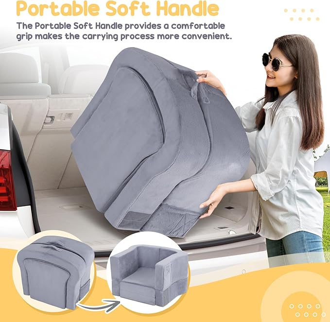 Toddler Travel Bed, 2-in-1 Foldable Portable Toddler Bed Sofa Chair, Soft Baby Kids Travel Floor Cot with Washable Covers Safety Foam Raised Bumper for Camping Hotel Sleeping (Grey)