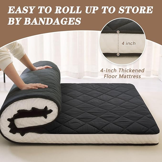 DoCred Queen Size Futon Mattress, Extra Thick Foldable Japanese Floor Mattress Memory Foam Sleeping Pad for Adults, Roll Up Mattress Tatami Mat Breathable Floor Lounger Guest Bed