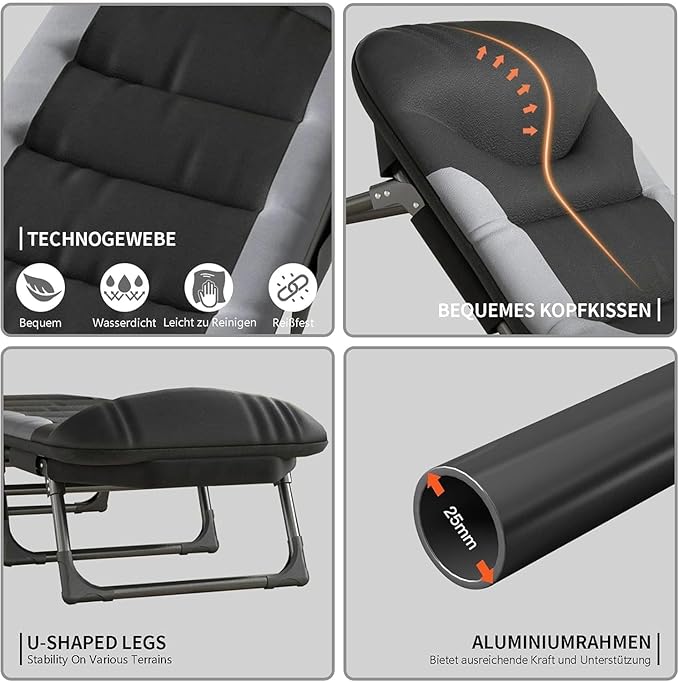 Folding Camping Cot, Six-Position Adjustable Backrest, Camping Cot for Adults Comfortable with Pillow and Side Pockets, Supports 330lb, for Home Office Nap Beach Travel Hiking. (Black)