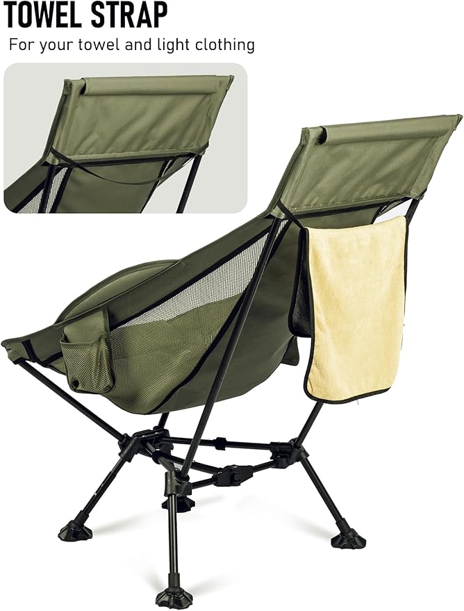 WildCall Lightweight Folding High Back Camping Chair with Head Support, Compact Beach Chair with Anti-Sinking Large Feet and Three Tilt Angles Adjustment