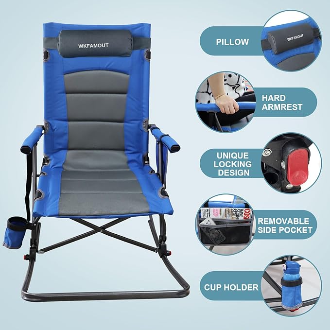 Oversized Folding Low Rocking Camping Chair with Footrest Removable Pillow Portable Outdoor Rocker Padded High Back Ergonomic Armrests for Patio Garden Lawn