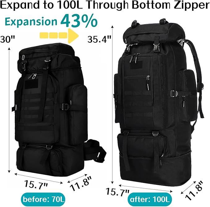 Goaste 100L Camping Hiking Backpack, Molle Military Tactical Rucksack, Waterproof Large Travel Daypack, Adjustable Survival Hunting Sports Bag for Men and Women Hiking, Camping, Touring(Black)