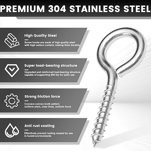 8Pcs Self Tapping Eyelet Screw Eye Bolt，4 Inch Heavy Duty Screw Eyes Hooks ，M8 Wooden Large Screw Eye Hook，Load Capacity 500 Lbs for Hammock ，Yoga，Heavy Indoor Outdoor Uses (8, M8-4 INCH)