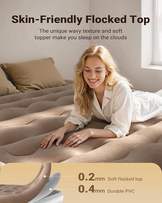 iDOO Full Size Air Mattress with Built in Pump, Inflatable Blow Up Mattress for Home, Guests & Camping, Upgraded Wave Beam Support, Flocked Top & Fast Inflation, Portable Air Bed, Brown