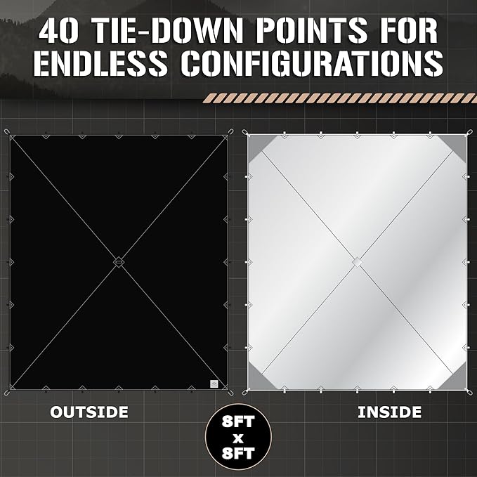 Bushcrafter Waterproof Camping Tarp - Lieghweight, Durable, Reflective Shelter Tarp or Rain Fly - Camping Essentials for Hiking, Bushcraft & Hammock, 8 x 8 ft, Black, TAC-STP101-BK