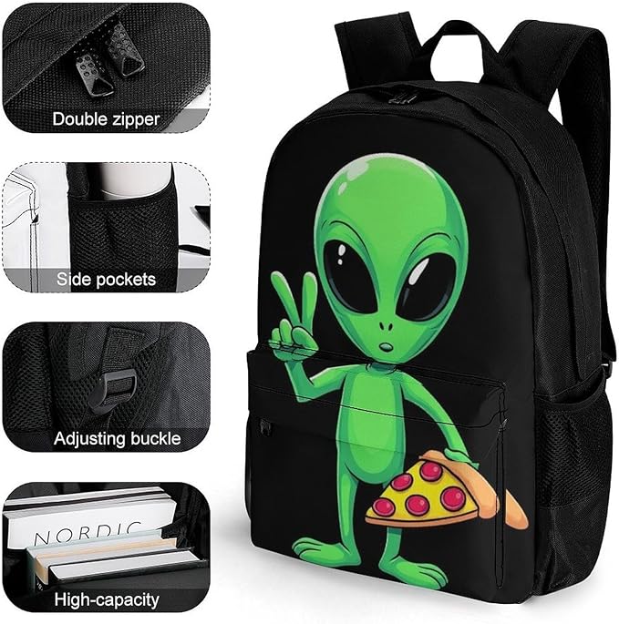 Supdreamc Lightweight Daypack Backpack for Trekking Work Running, Big Capacity Multipurpose Anti-Theft Bookbag, Funny Space Alien Eating Pizza Peace Business Computer Bag