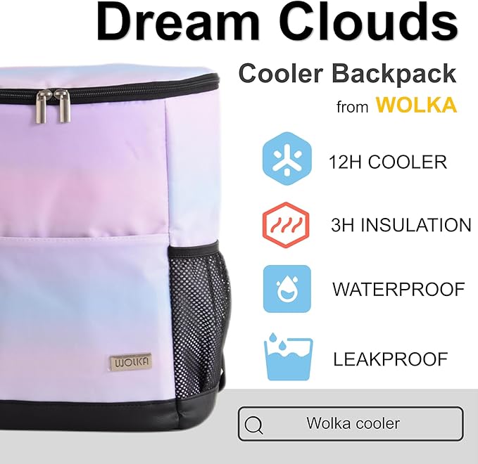 Wolka Cooler Backpack 30 Cans,Portable Backpack Coolers Insulated Leak Proof,Waterproof Soft Sided Cooler Bag for Travel,Beach,Camping,Picnic,Lunch Backpack for Women (Dream Cloud)