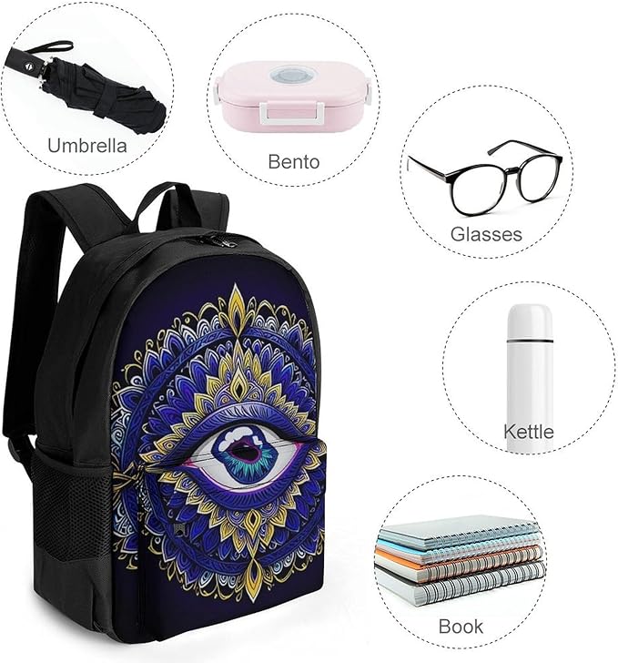 Shoulder Book Bags Polyester Multipurpose Anti-Theft Abstract Symbol Of All Seeing Eye Boho Indian Ethnic Style Carry On Bag Large Capacity Travel Hiking Camping Rucksack