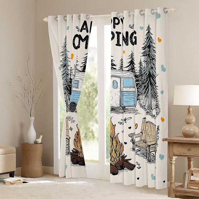 Feelyou Camping Camper Rv Blackout Curtains Rustic Farmhouse Camper Darkening Drapes for Bedroom Living Room Decor Happy Camping Thermal Insulated Shades Window Treatments, 2 Panels 52 x 96 Inch
