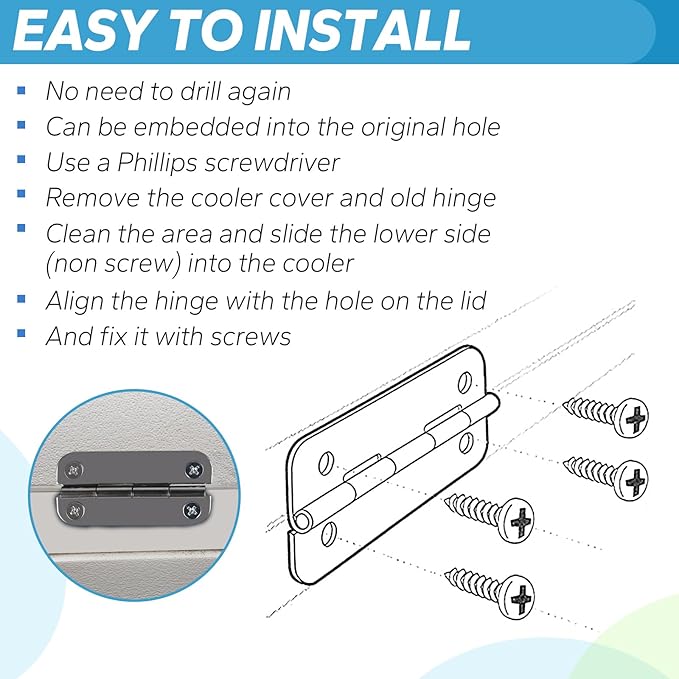 Stainless Steel Cooler Hinges Replacement Parts for Igloo Style Ice Chests - Compatible with Igloo Camping Cooler Accessories 25-165 Quart Coolers (Set of 3)