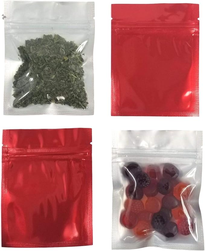 Clear Front Resealable Red Mylar Bags - 5 Mil - 3.5" x 4.5" Zip Seal Heat Sealable Odor Proof Pouch for Herbs Food Vitamins Gummies Snacks Storage Container (100 or 3000) (100)