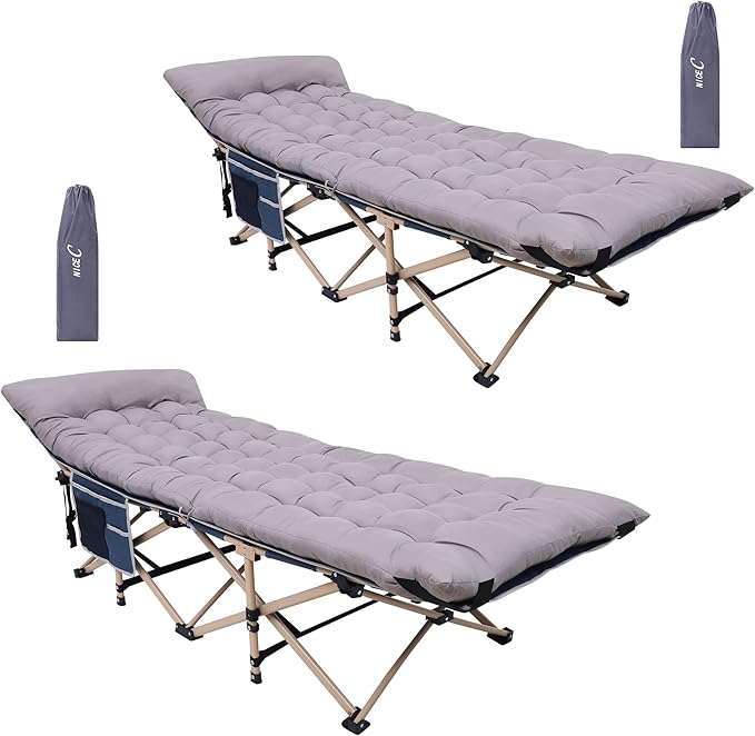 Nice C Camping Cots with Cushion, Camping Cots with Mattress, for Adults, Folding Cot, with Pillow, Carry Bag & Storage Pocket, Extra Wide Sturdy, Holds Up to 500 Lbs (2, Mattress Grey)