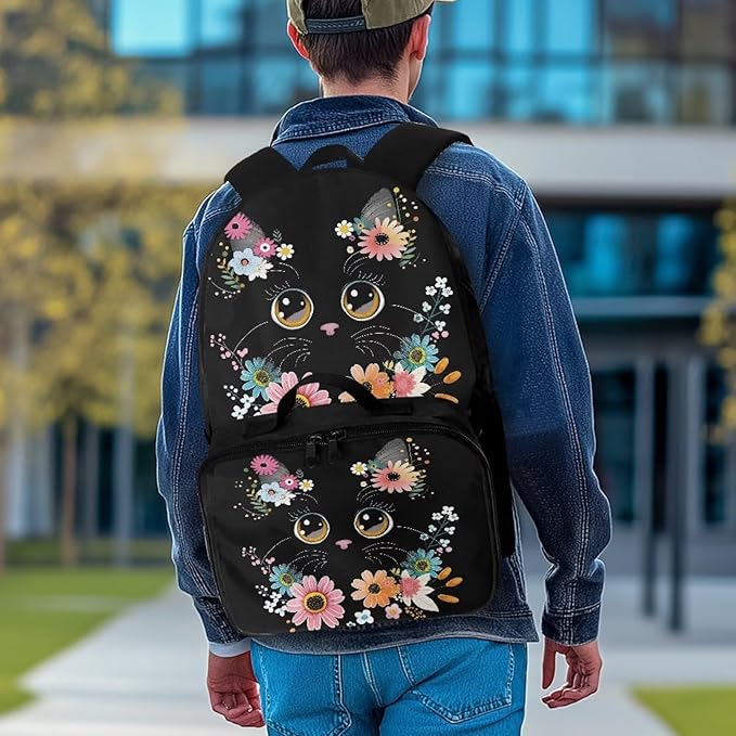 HUGS IDEA Floral Cat Backpack for Girls Cute Bookbag for Kids School Backpack for Girls with Lunch Box Lightweight School Bag for Elementary Students Hiking Rucksack