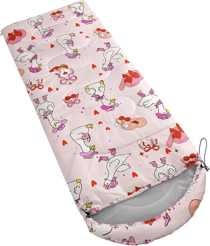 AILONEN Girls Pink Camping Sleeping Bags,Lightweight & Waterproof,3 Season Warm & Cool Weather,Cute Bow Duck Print Sleeping Bags for Kids,Girls,Adults Travelling,Outdoors