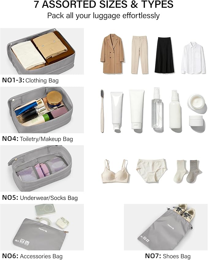 Hanke 7 Piece Expandable Compression Packing Cubes, Premium Travel Packing Organizers for Suitcases/Carry On, Luggage Organizer Bags with Breathable Mesh & Label,Light Grey