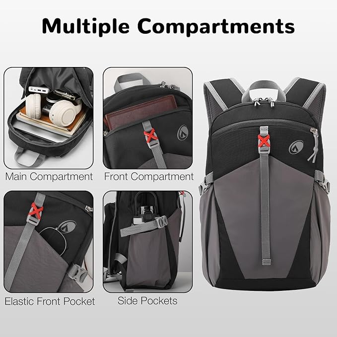 12L Hiking Backpack with Padded Straps for Kids, Waterproof Small Hiking Backpack with Chest Strap for Men, Mini Lightweight Kid Travel Backpacks Day Pack with Phone Pocket, Black