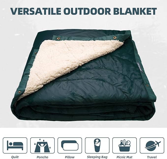 Outdoor Camping Blanket with Sherpa Lining, Extra Warm Thick Camp Blankets and Puffy Ultralight Soft Poncho DWR Camping Quilt for Cold Weather, Adventure, Sleeping, Backpacking 78"x 56"
